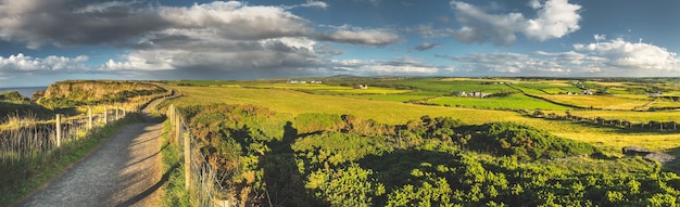 Panorama de la campagne irlandaise des champs verts et de la route sous le ciel nuageux pluvieux de l'Irlande du Nord