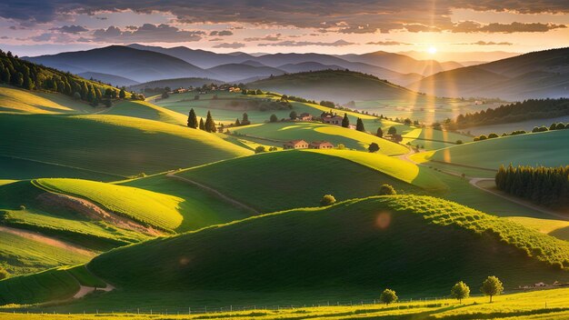 panorama de la campagne romane au coucher du soleil dans la lumière du soir beau paysage de printemps dans les montagnes champs herbeux et collines paysage rural