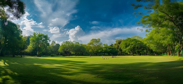 Panorama d'un champ d'herbe verte avec un ciel bleu et des nuages blancs en arrière-plan