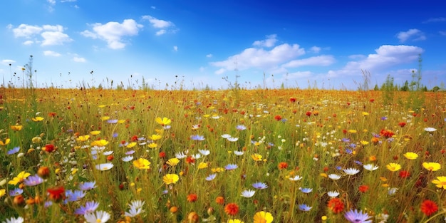 Panorama des champs de prairies avec des fleurs en été sous un ciel Illustration de l'IA générative