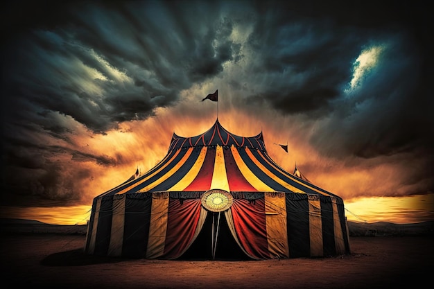 Panorama d'un chapiteau de cirque éclairé la nuit contre un coucher de soleil inquiétant et un ciel turbulent