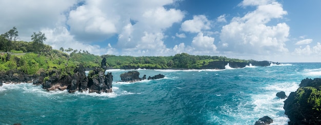 Panorama de la côte à Waianapanapa sur la route de Hana à Maui