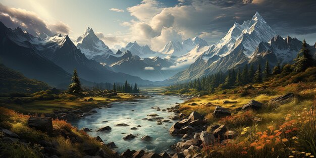 Un panorama à couper le souffle de la nature sauvage du matin en haut des montagnes