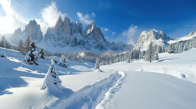 Photo panorama des dolomites d'hiver depuis le passo rolle des montagnes italiennes vue étonnante