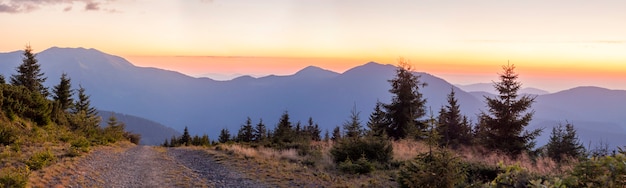 Panorama du coucher du soleil dans les Carpates avec une route de gravier en face