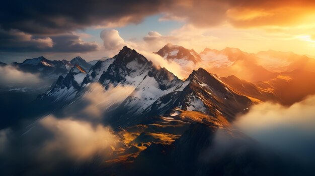 Photo panorama du coucher de soleil dans les montagnes