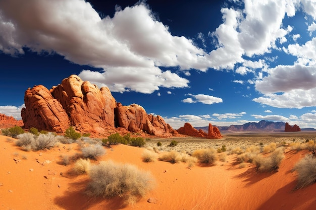 Panorama du désert avec des formations rocheuses rouges et un ciel créé avec une IA générative