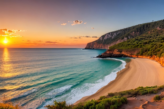 Panorama du paysage au coucher ou au lever du soleil d'une belle plage naturelle