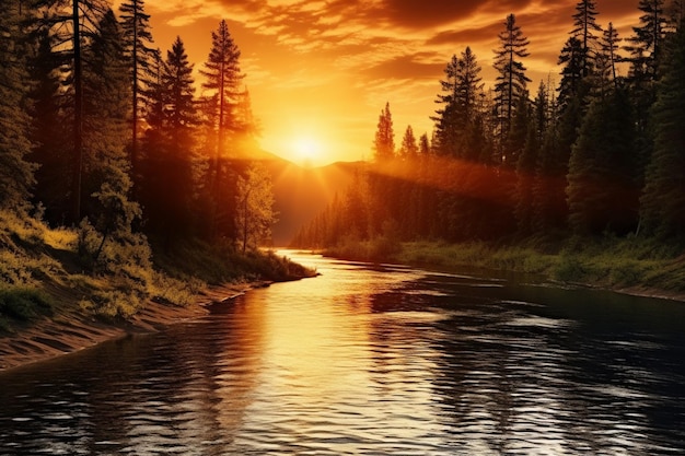 Panorama du soleil avec la rivière sur la forêt de pins