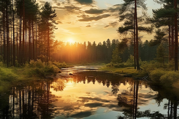 Panorama du soleil avec la rivière sur la forêt de pins