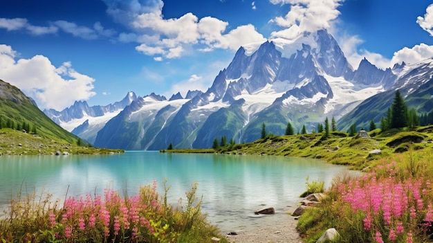 Panorama d'été coloré du lac Blanc avec une belle vue sur les montagnes et un ciel bleu fantastique