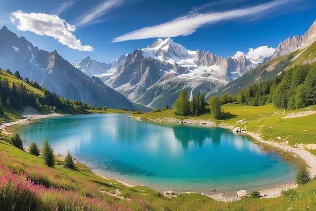 Panorama d'été coloré du lac Blanc avec le Mont Blanc Monte Bianco en arrière-plan Localisation de Chamonix Belle scène en plein air dans la réserve naturelle de Vallon de Berard Alpes Graian France Europe