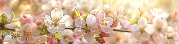 Panorama des fleurs du printemps sur fond floral éclairé par le soleil