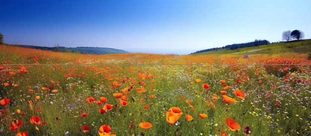 Panorama avec des fleurs de printemps en fleurs dans la prairie de champ contre le ciel bleu en été