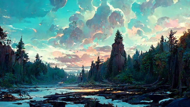 Panorama de la forêt au crépuscule Stone Road 3D illustration