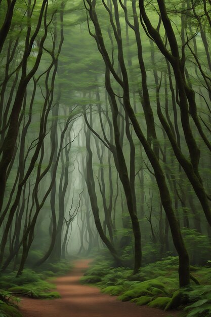 Panorama de la forêt brumeuse Contes de fées forêts effrayantes dans un jour brumeux matin brumeux froid dans l'horreur