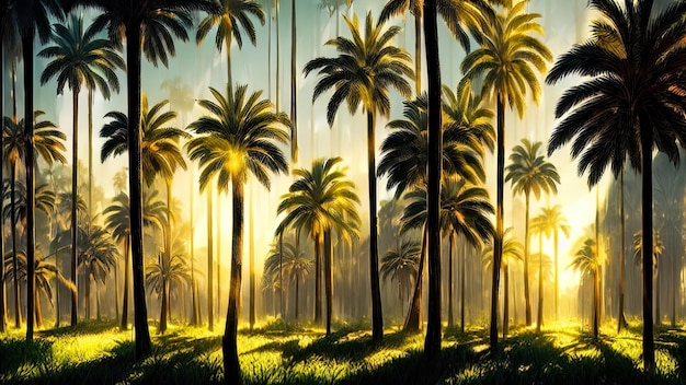 Panorama de la forêt de palmiers au coucher du soleil les rayons du soleil à travers les arbres forêt fantastique brouillard palmier jungle illustration 3D