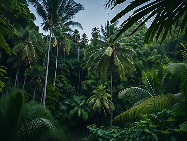Panorama de la forêt sauvage de la jungle dense avec des palmiers et des plantes tropicales