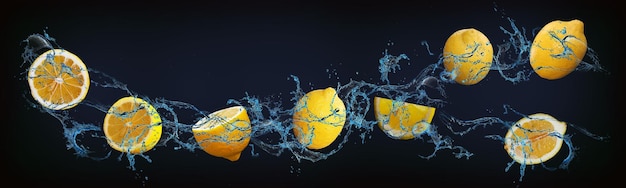 Panorama avec des fruits dans l'eau des citrons juteux renforcent notre santé avec des substances utiles