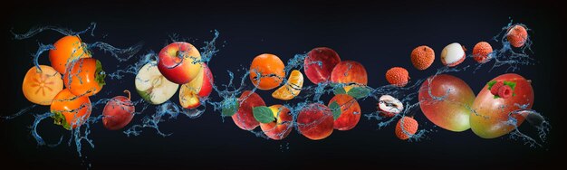 Photo panorama avec des fruits dans l'eau kaki juteux pomme mandarine litchi mangue une source de vitamines et de minéraux pour le corps humain