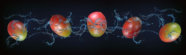 Photo panorama avec des fruits dans l'eau, les mangues juteuses sont des aliments savoureux et sains pour notre corps