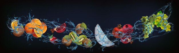 Panorama avec des fruits dans l'eau orange juteuse grenade kiwi raisins de noix de coco une délicatesse préférée pour les enfants et les adultes