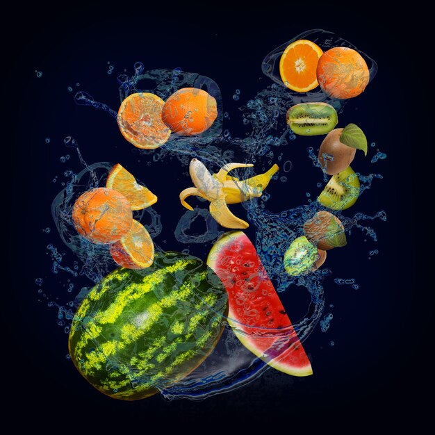 Photo panorama avec des fruits dans des éclaboussures d'eau juteuse orange pastèque banane kiwi sont pleins de vitamines et de nutriments