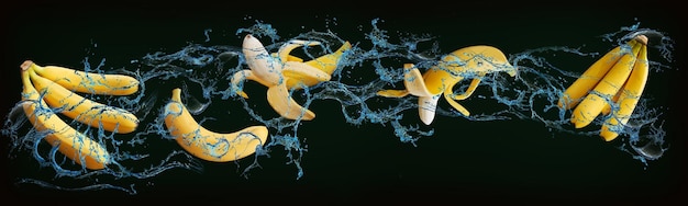 Panorama avec des fruits dans des jets d'eau jaunes et des bananes savoureuses sont bonnes pour la santé et un dessert de première classe pour vos invités