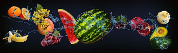 Panorama avec des fruits frais dans l'eau orange banane raisin pamplemousse pastèque cerise grenade