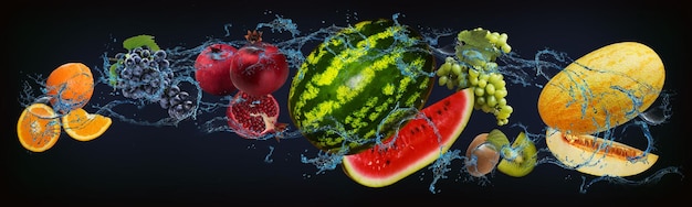 Panorama avec des fruits juteux dans l'eau orange raisins grenade pastèque kiwi melon un dessert très savoureux pour la table de fête