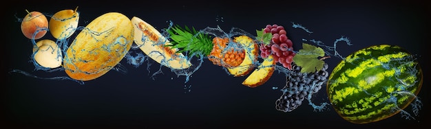Panorama avec des fruits juteux dans l'eau pastèque raisins ananas melon poire ont des ingrédients utiles vitamines et minéraux