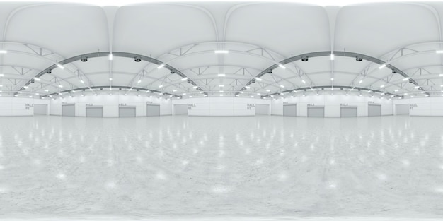 Panorama hdri sphérique complet à 360 degrés de l'espace d'exposition vide en toile de fond pour les expositions et les événements Sol carrelé Marketing maquette illustration de rendu 3D