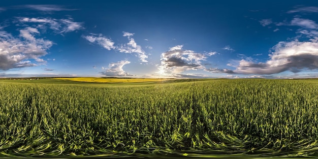 Panorama hdri sphérique complet et harmonieux à 360 degrés parmi les champs le soir du printemps avec des nuages impressionnants avant le coucher du soleil en projection équirectangulaire pour le contenu de réalité virtuelle VR AR