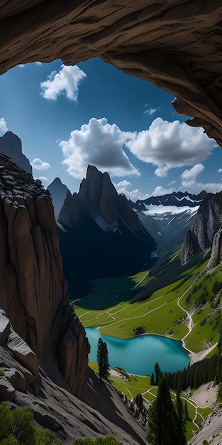 Un panorama imprenable sur les majestueuses Dolomites vues des profondeurs d'une grotte artificielle