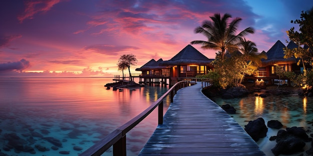 Un panorama incroyable du coucher de soleil aux Maldives Des villas de luxe au bord de la mer avec des lumières LED douces sous un ciel coloré Un beau ciel de crépuscule et des nuages colorés Un beau fond de plage pour les vacances