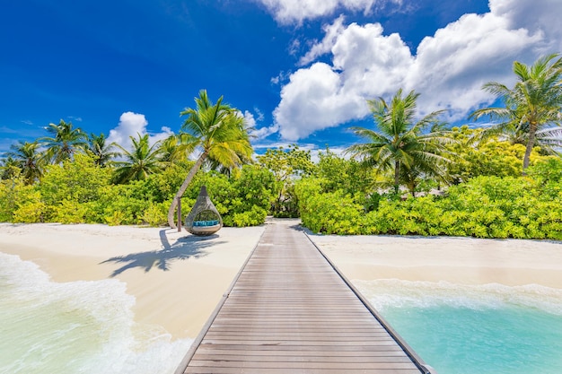 Panorama incroyable sur le paysage marin des villas de luxe des Maldives avec palmiers, sable blanc et ciel bleu