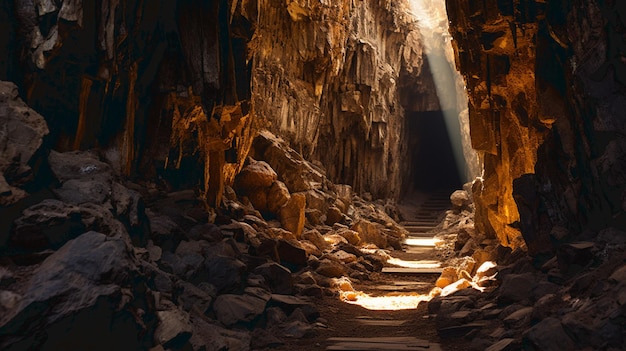 Photo panorama intérieur d'un puits de mine souterrain corridors sombres à l'intérieur d'une carrière de pierre abandonnée photo de haute qualité