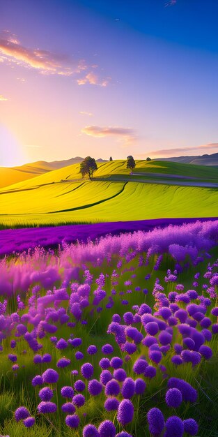 Un panorama majestueux d'un paysage rural illuminé par un lever de soleil doré avec une prairie de