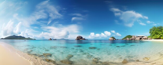 panorama mer tropicale et plage de sable avec fond de ciel bleu