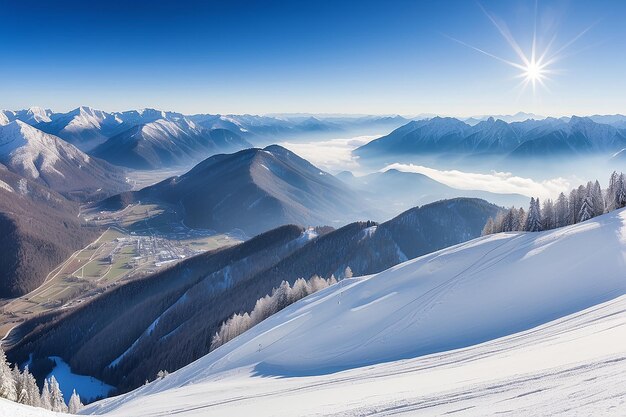 Photo panorama des montagnes d'hiver avec pistes de ski et remontées mécaniques près du centre de ski vogel en slovénie