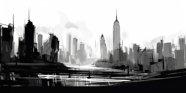 Panorama New York city USA croquis illustration de gratte-ciel noir et blanc