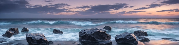 Panorama nocturne des vagues de l'océan se brisant sur un rivage rocheux et de grosses pierres au premier plan dans l'eau Illustration du paysage marin Generative AI