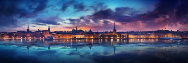 Photo panorama panoramique de la nuit d'été de stockholm, en suède