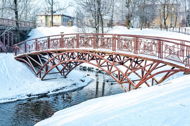 Panorama d'un parc municipal enneigé avec une rivière et un pont