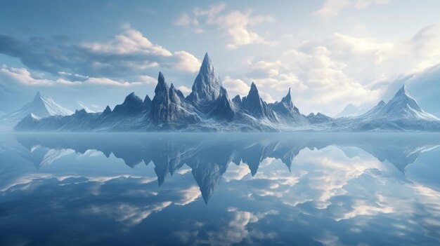 Panorama de paysage fantastique avec des montagnes réfléchissant dans l'eau généré par l'IA