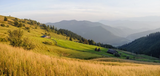 Panorama De Paysage De Montagne, Ferme, Granges, Tas De Foin