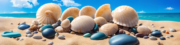 Panorama de la plage de l'océan par une journée ensoleillée avec de grands et petits coquillages et des pierres de mer Illustration de paysage marin avec une plage de sable, de l'eau turquoise et un ciel avec des nuages blancs AI générative