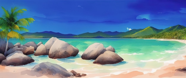 Panorama de plage tropicale avec palmiers et rochers Seychelles Generative AI