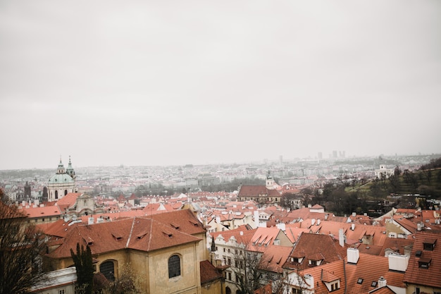 Panorama de Prague avec toits rouges et église. Vue sur la ville de la vieille ville de Praha. Couleurs gris rustique tonique.