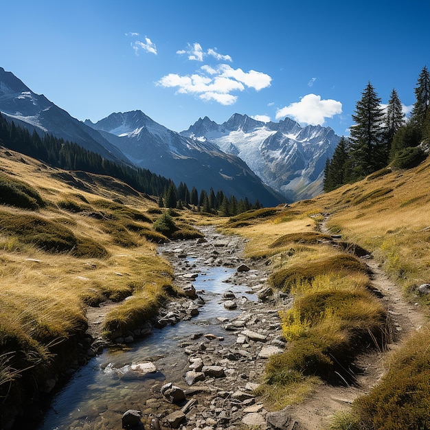 Panorama d'une prairie rocheuse de montagne avec des larches et une chaîne de montagnes en arrière-plan